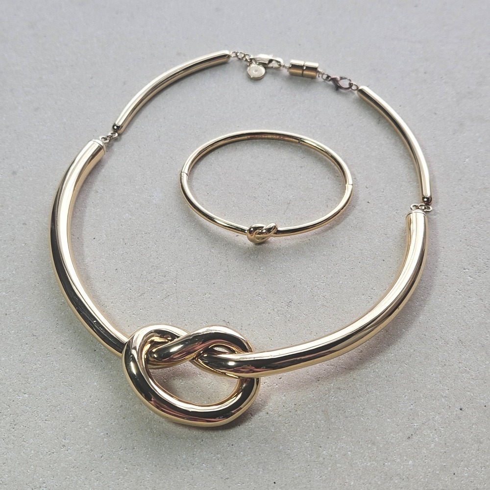 Michael Kors Gold Tone Love Knot Collar Necklace and Bangle Bracelet Set